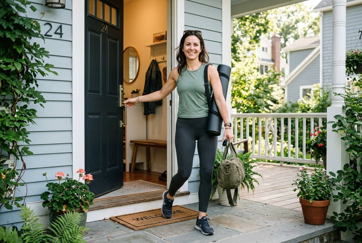 A woman heading out with her yoga gear, free to enjoy her time thanks to a clean home