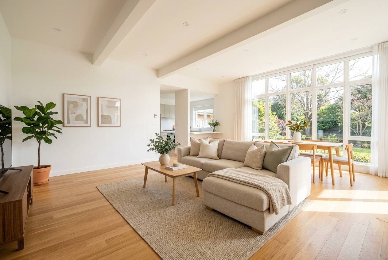 Bright, open, spotless living room